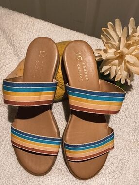 Lauren Conrad Multi-Color Rainbow Strip Slide Sandals with Short Wedge Sz 8M
